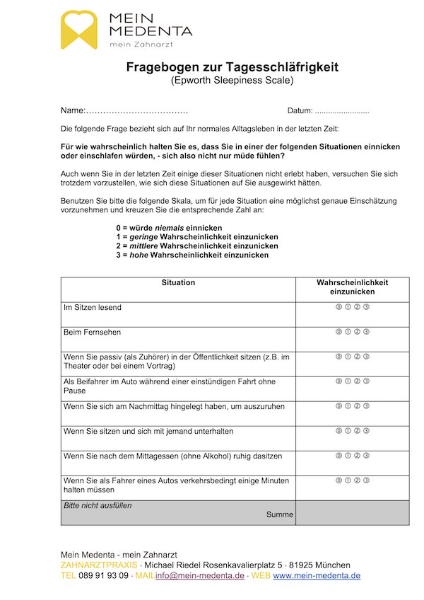 Fragebogen Tagesschläfrigkeit, Zahnarztpraxis Riedel, München-Arabellapark (Bogenhausen)